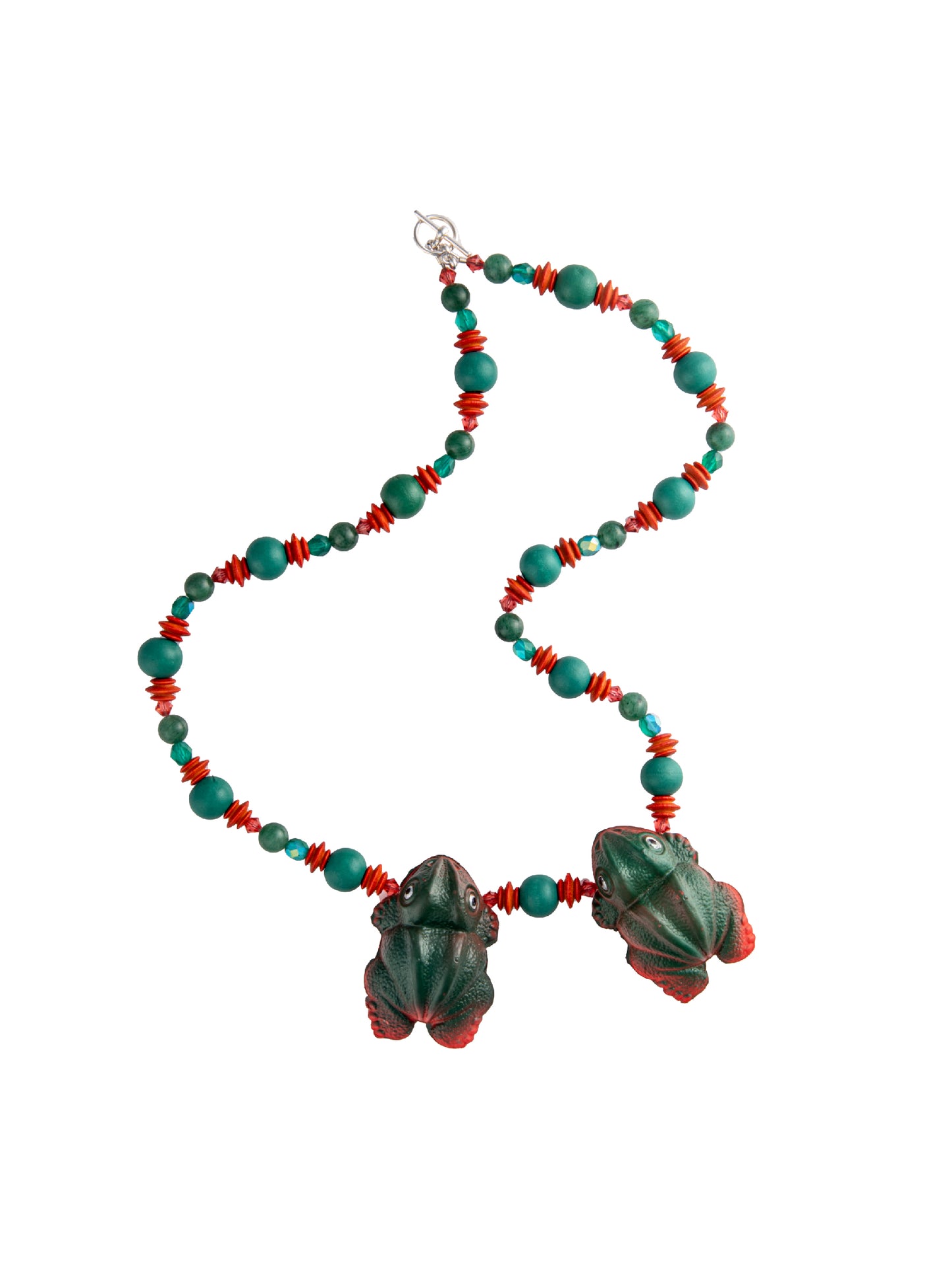 1930s Green and Orange Celluloid Frog Necklace | Hopetown & Hunter
