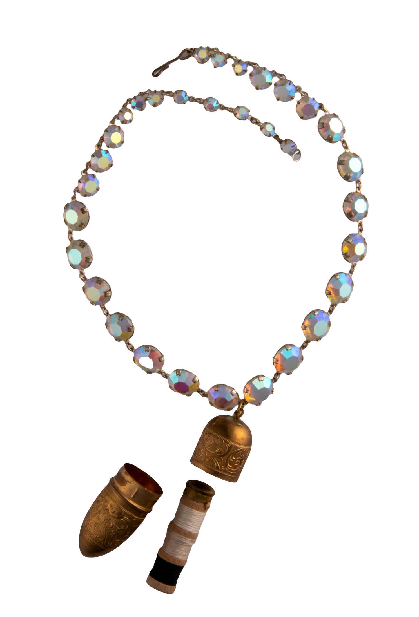 1950s Aurora Borealis Necklace with Vintage Sewing Bullet Needlecase Pendant | Hopetown & Hunter