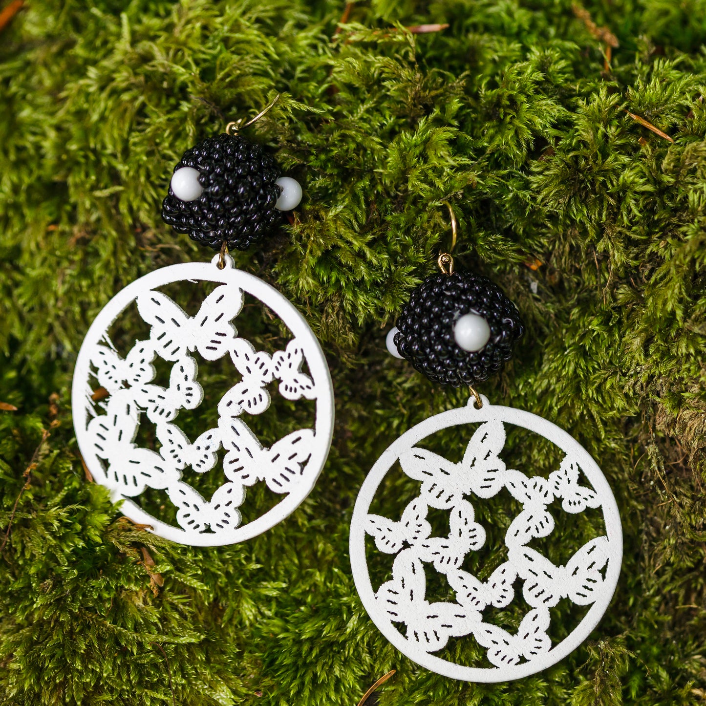 Black and White Handbeaded Butterfly Earrings