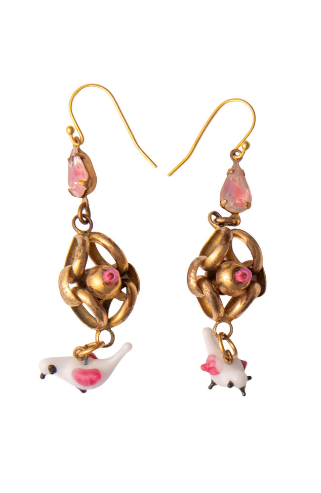 Drop Earrings With Vintage White Birds and Pink Stones | Hopetown & Hunter