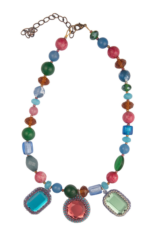 Green Pink And Blue Hand Beaded Shapes Necklace | Hopetown & Hunter