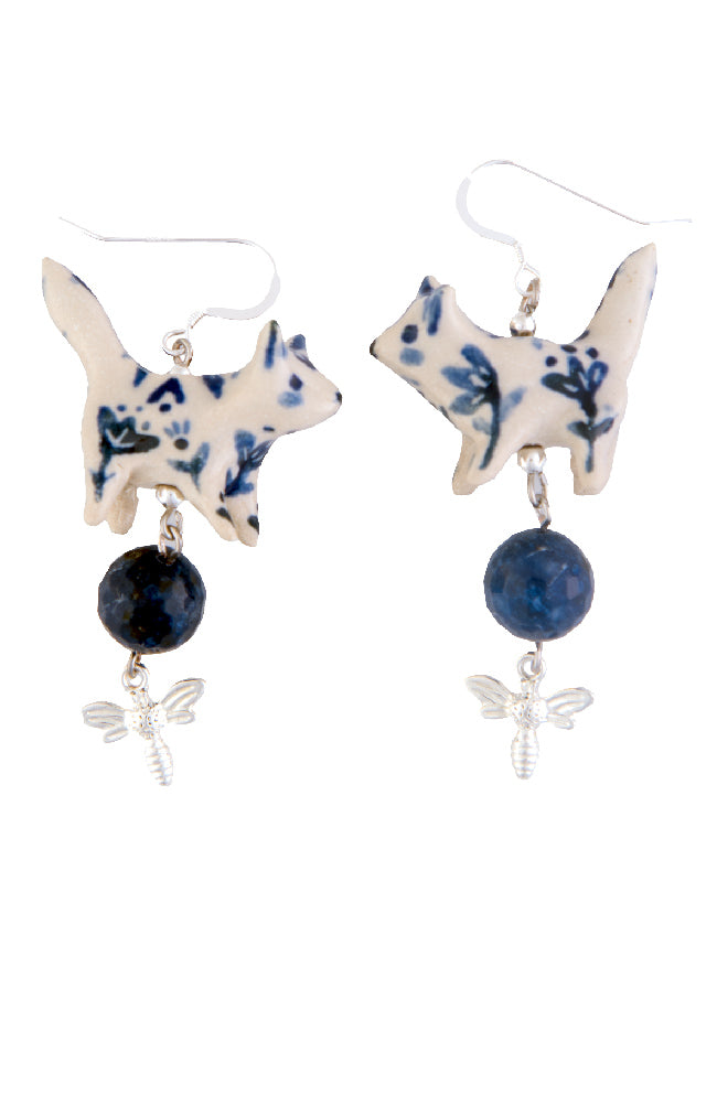 Handmade Blue and White Ceramic Cat Drop Earrings