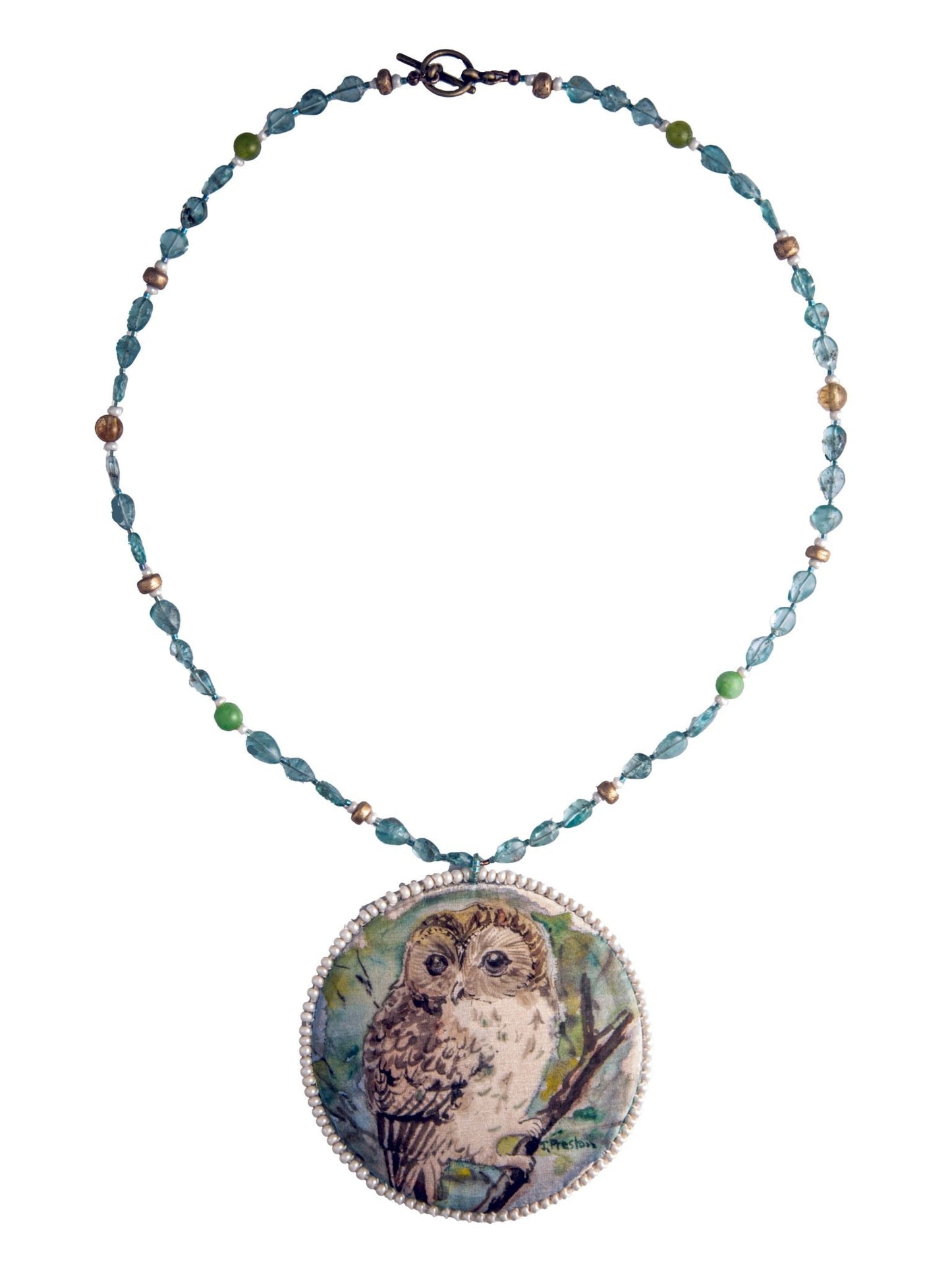 Handpainted Owl Pendant on Apatite Blue Bead Necklace | Hopetown & Hunter