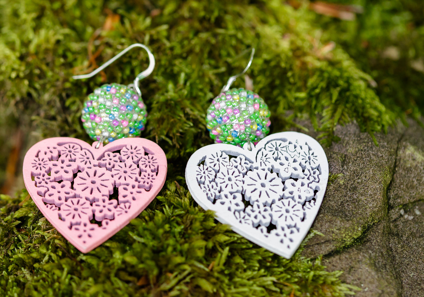 Heart and Handbeaded Ball Earrings