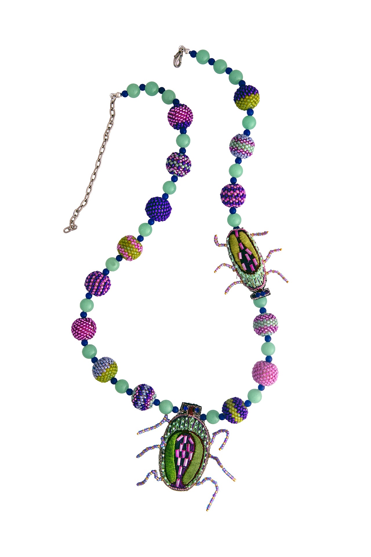 Pink and Green Beetles Necklace with Hand Beaded Beads | Hopetown & Hunter