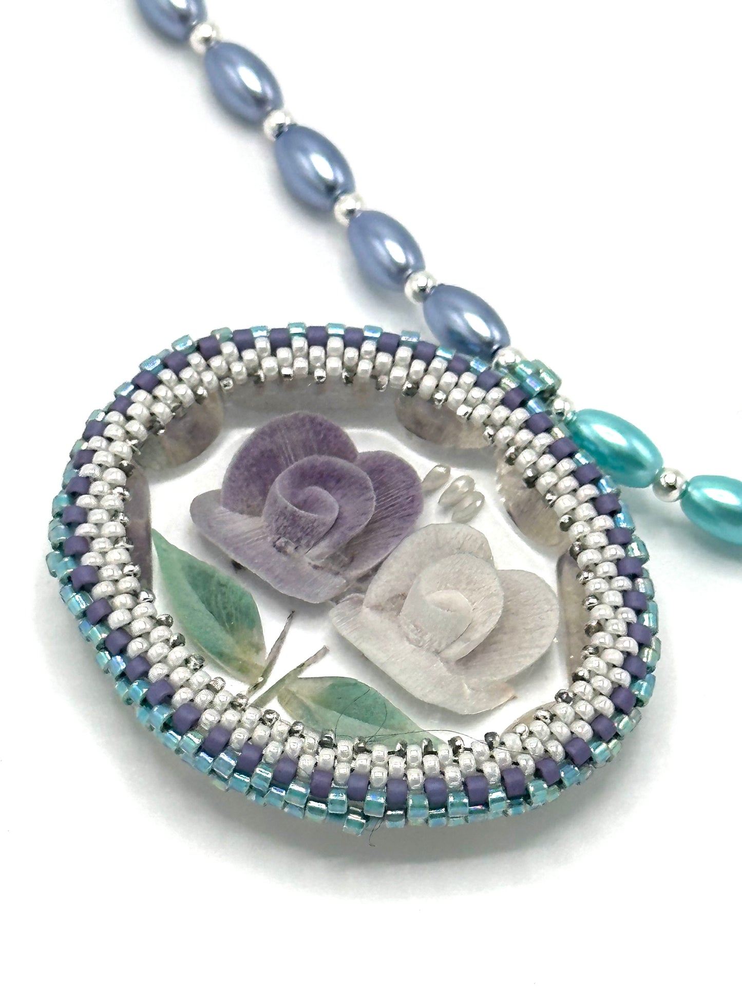 Purple And White Flower Lucite Pendant On Pearl Necklace | Hopetown & Hunter