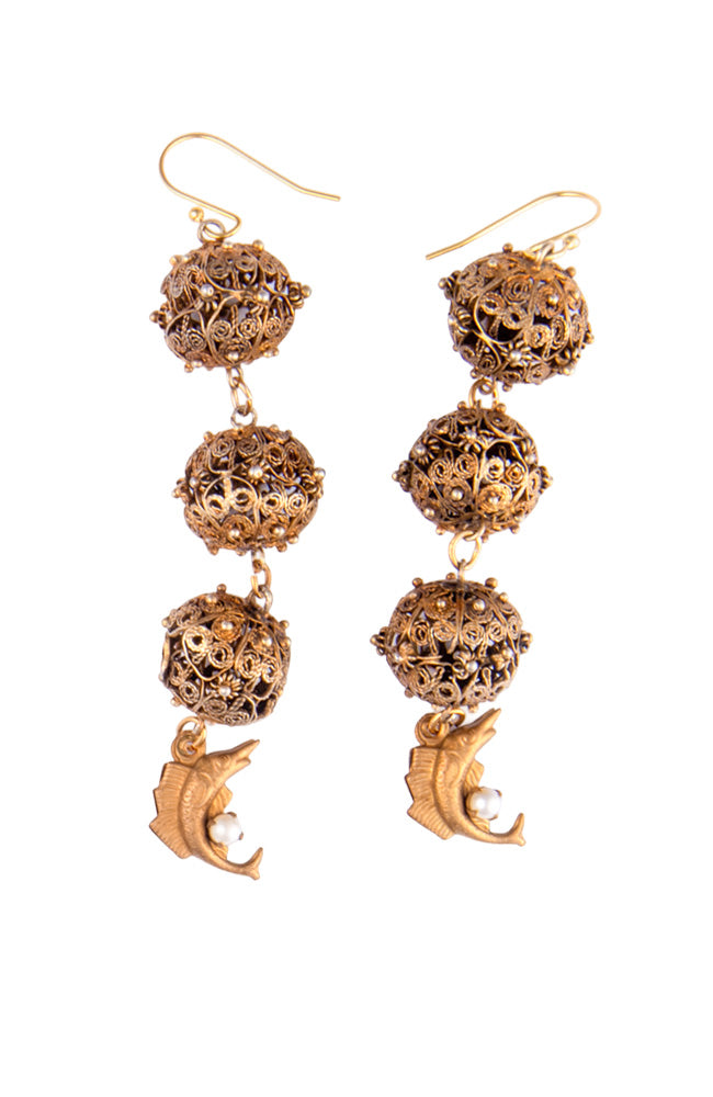 Three Ball Vintage Filigree Earrings With Fish And Pearl | Hopetown & Hunter
