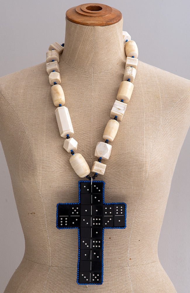 Travelling Domino Cross On Giant Cream Bead Necklace | Hopetown & Hunter