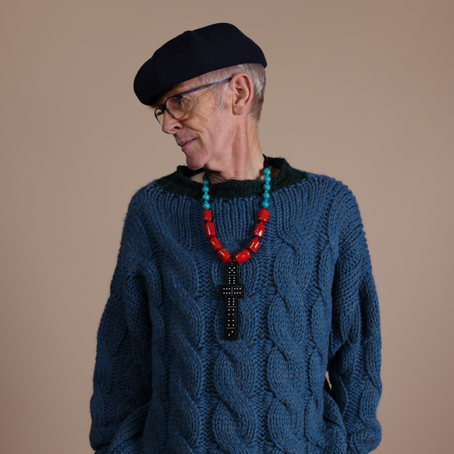 Domino Cross on Red and Turquoise Necklace