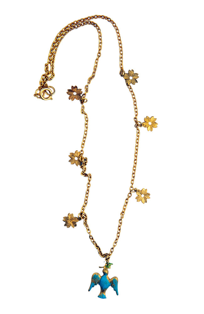 Vintage Blue Bird Necklace With Charms