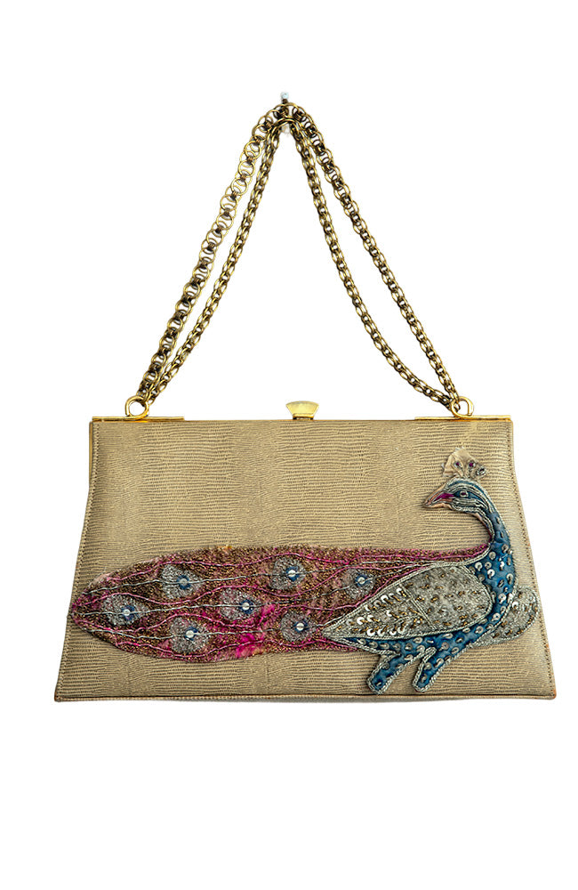 Vintage Leather Bag With Antique Peacock