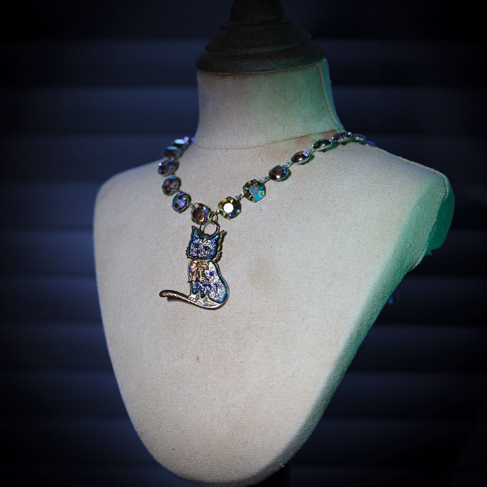 Vintage Articulated Blue Cat on Dark Blue Aurora Borealis Necklace | Hopetown & Hunter