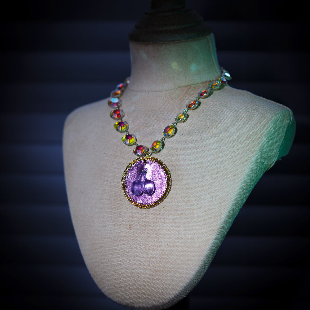 Vintage Aurora Borealis Necklace with Handmade Purple Cherries Pendant | Hopetown & Hunter