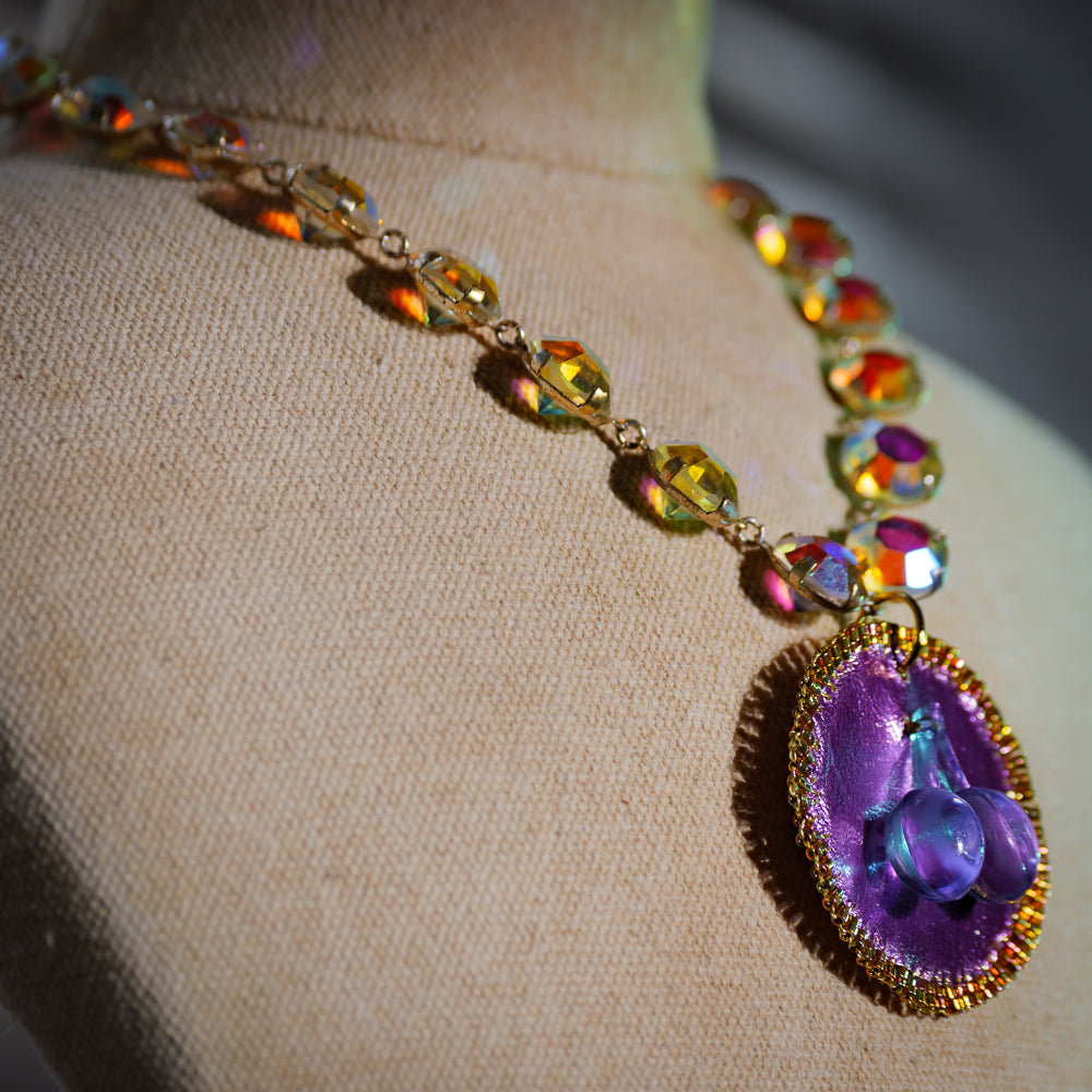 Vintage Aurora Borealis Necklace with Handmade Purple Cherries Pendant | Hopetown & Hunter