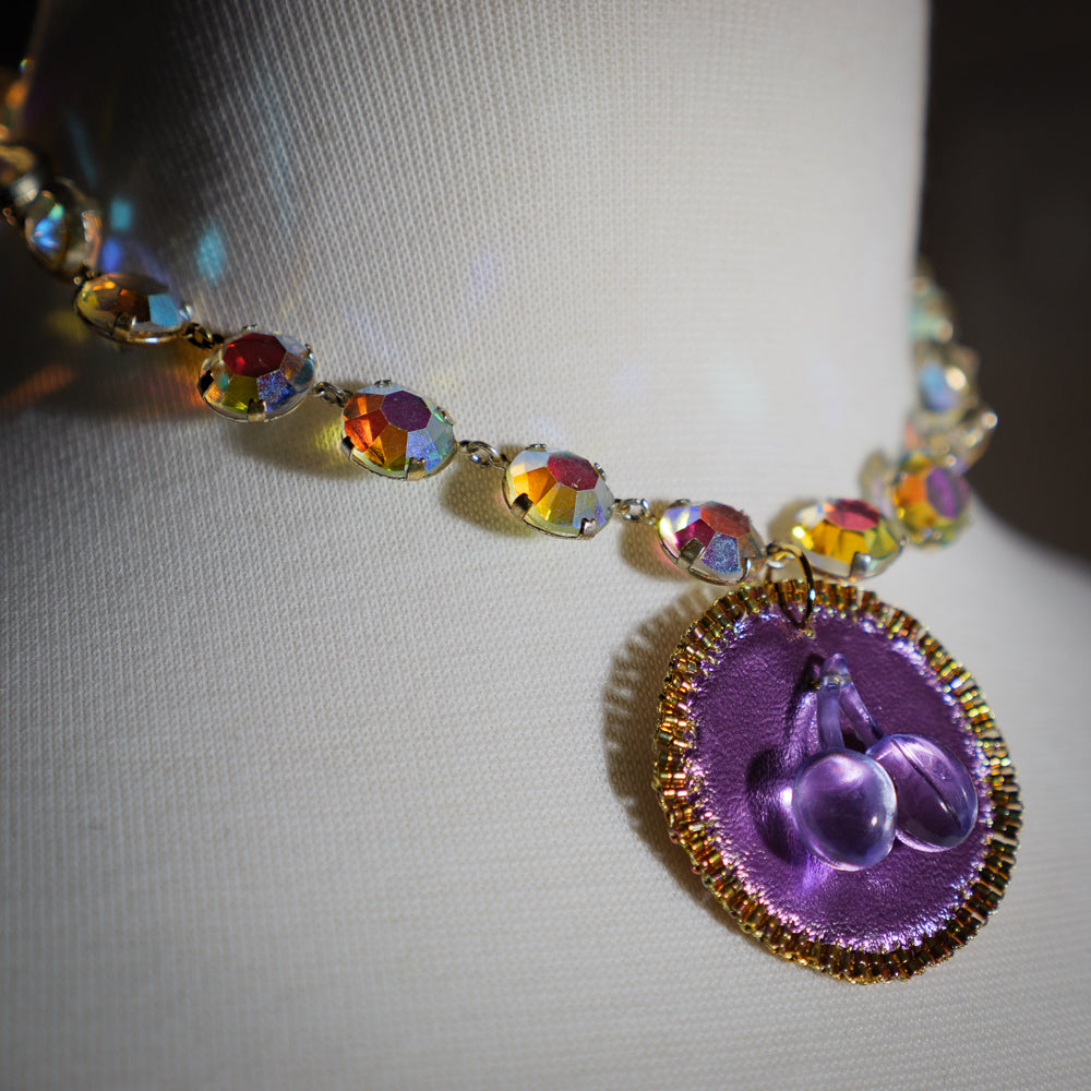 Vintage Aurora Borealis Necklace with Handmade Purple Cherries Pendant | Hopetown & Hunter