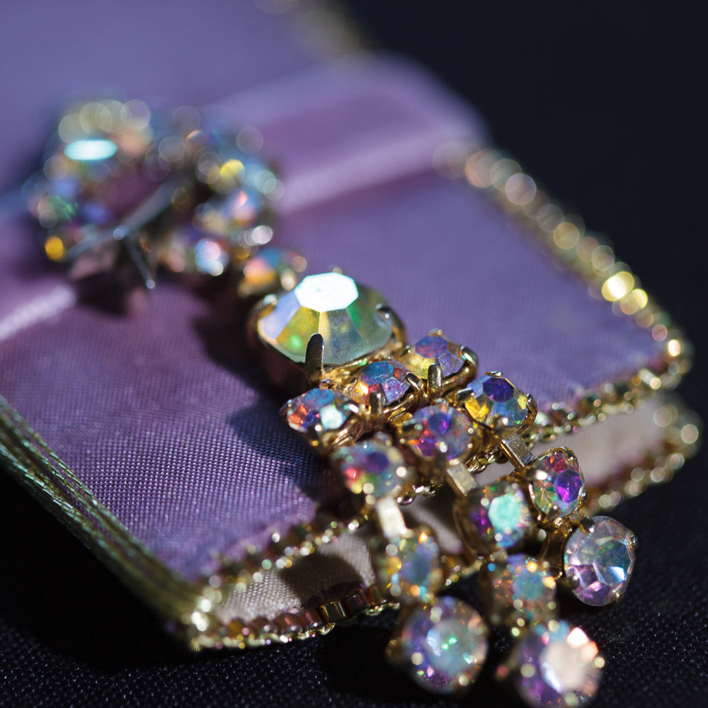 Vintage Aurora Borealis Necklace with Purple Silk Victorian Needlecase Pendant | Hopetown & Hunter