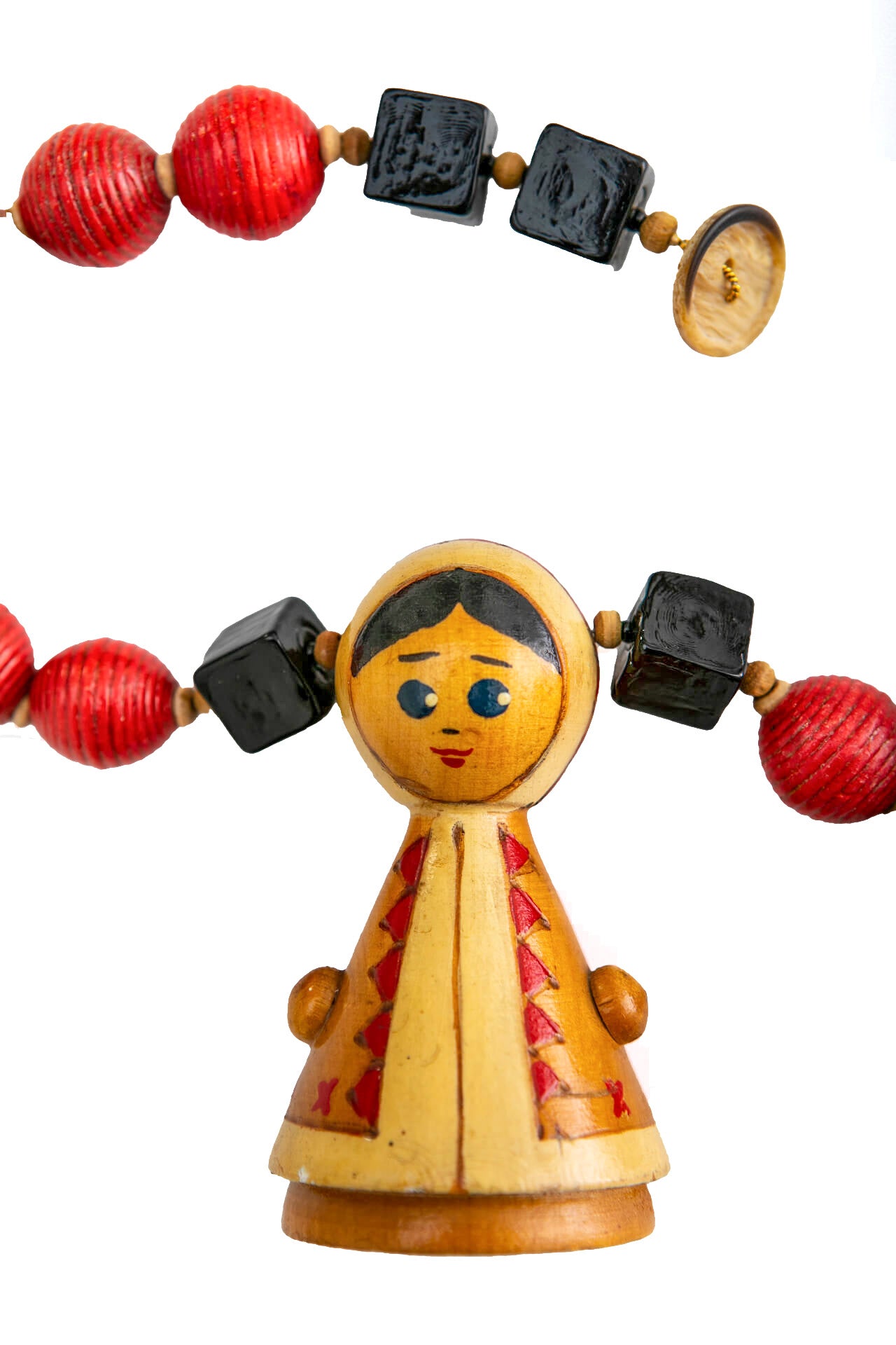 Vintage Folk Art Wood Doll on Black and Red Necklace | Hopetown & Hunter