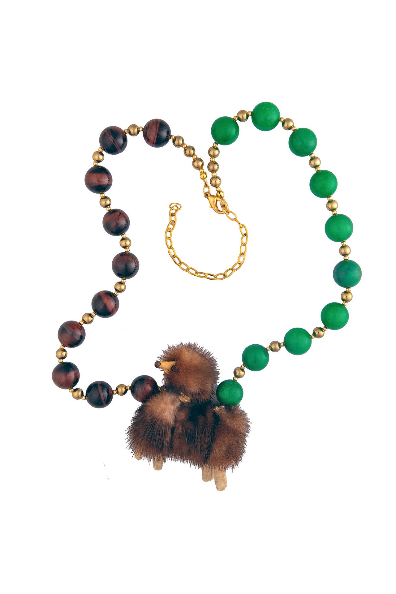 Vintage Fur Poodle on Emerald Green and Tigers Eye Necklace | Hopetown & Hunter