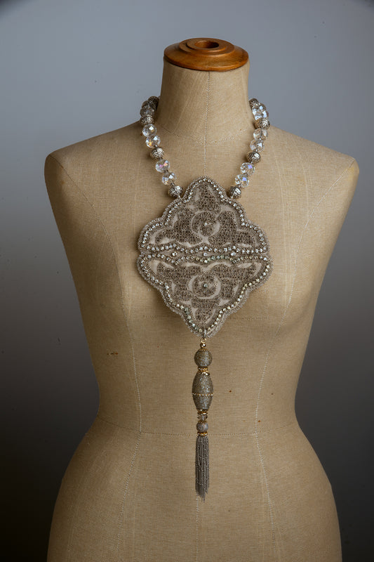 Vintage Grey Beaded and Diamante Textile Necklace | Hopetown & Hunter