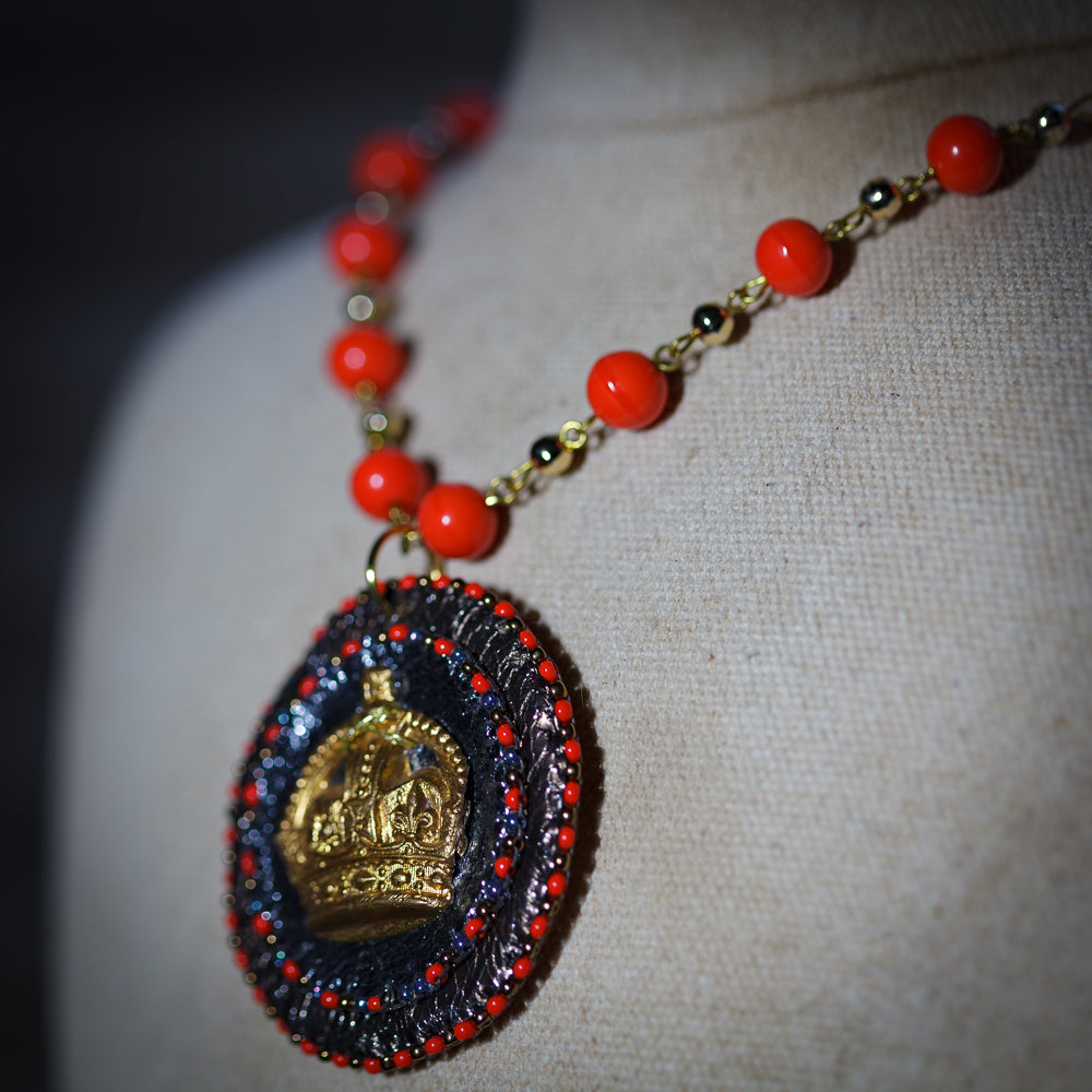 Vintage Orange Bead Necklace with Handmade Crown Pendant | Hopetown & Hunter