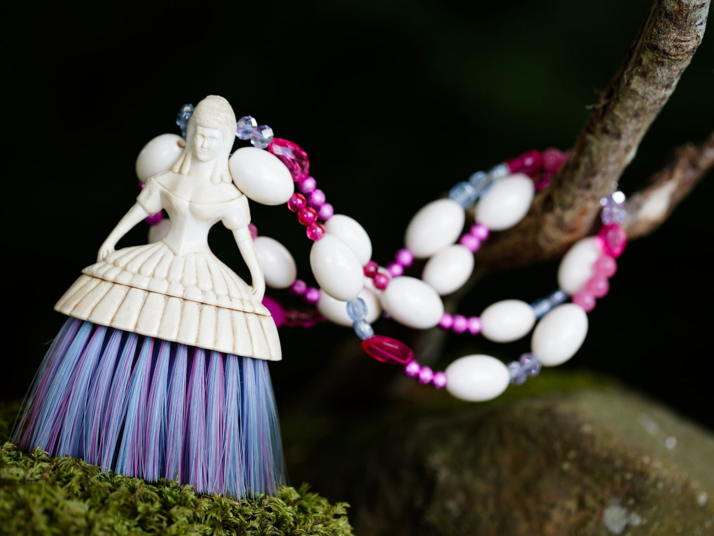 Vintage Plastic Figure with Brush Skirt on Pink and Cream Doublestranded Necklace | Hopetown & Hunter