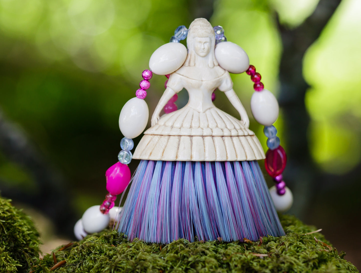 Vintage Plastic Figure with Brush Skirt on Pink and Cream Doublestranded Necklace | Hopetown & Hunter
