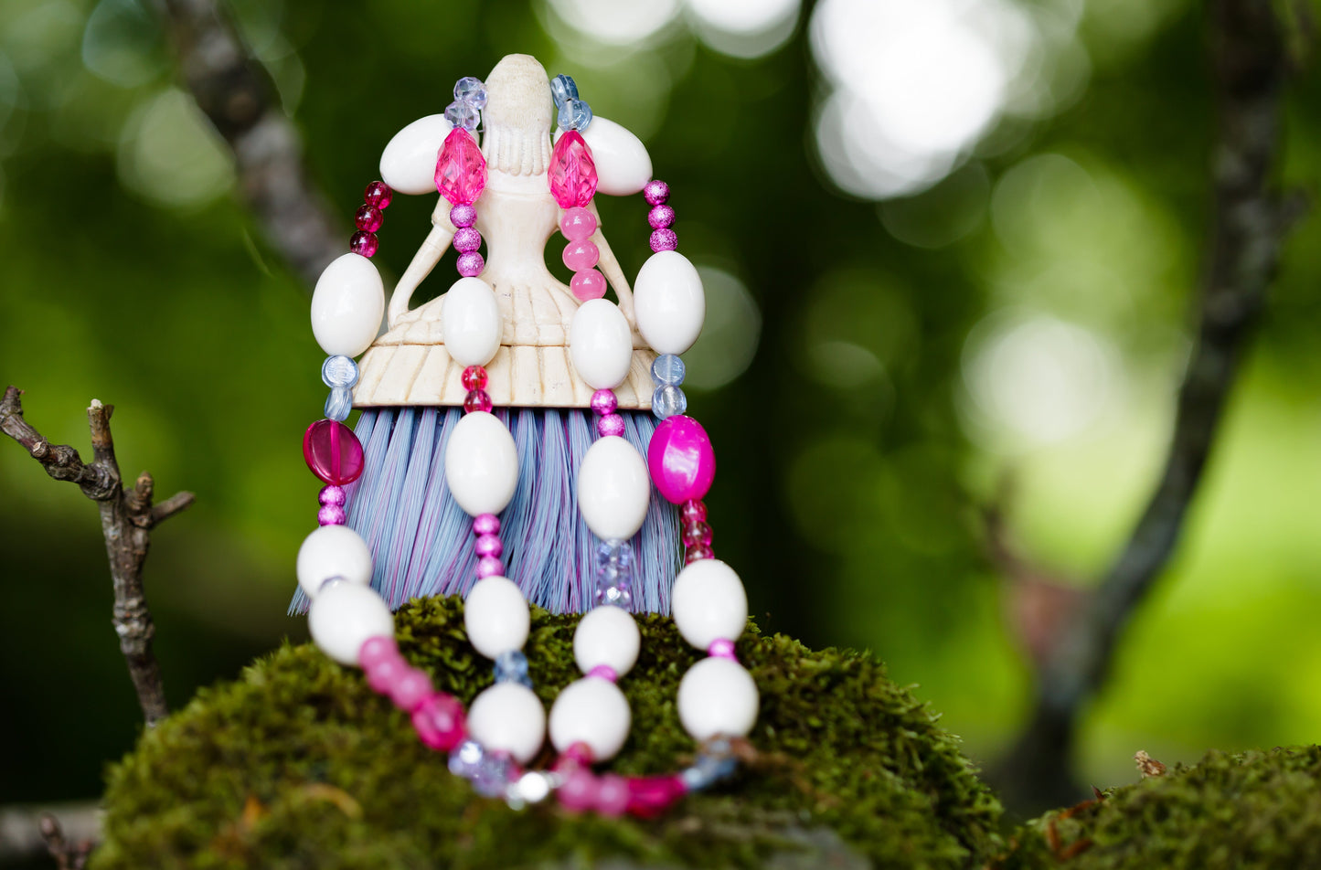 Vintage Plastic Figure with Brush Skirt on Pink and Cream Doublestranded Necklace | Hopetown & Hunter