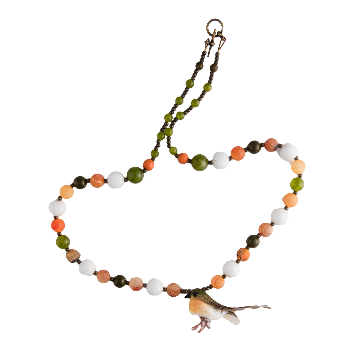 Handmade Vintage Robin Necklace With Green, White And Orange Beads | Hopetown & Hunter