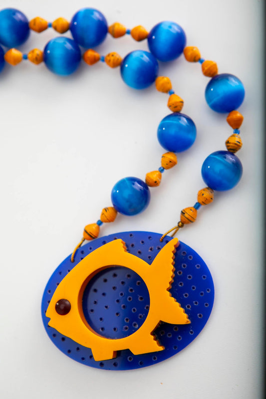 Handmade Vintage Yellow Fish Napkin Ring on Blue Necklace | Hopetown & Hunter