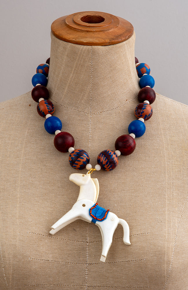 White Toy Horse On Wood Bead Necklace | Hopetown & Hunter