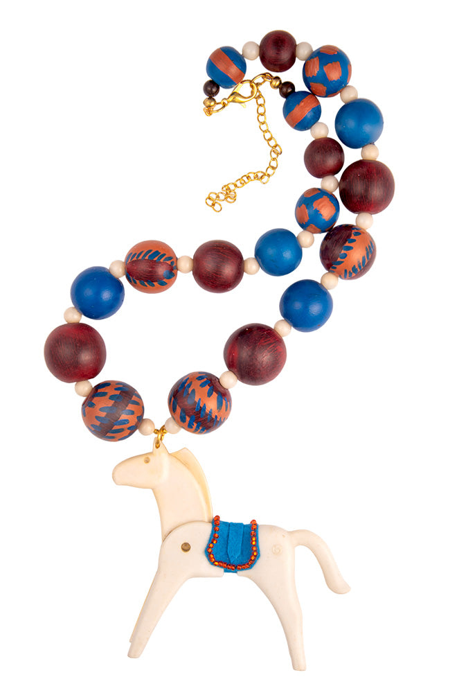White Toy Horse On Wood Bead Necklace | Hopetown & Hunter