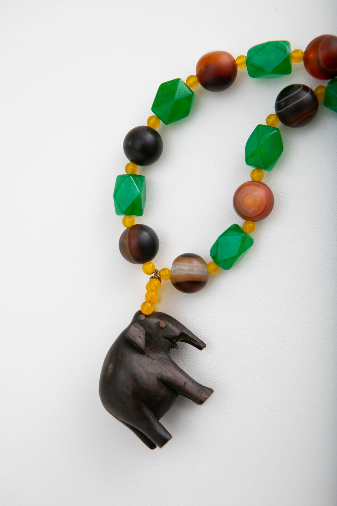 Wood Elephant on Green and Brown Necklace
