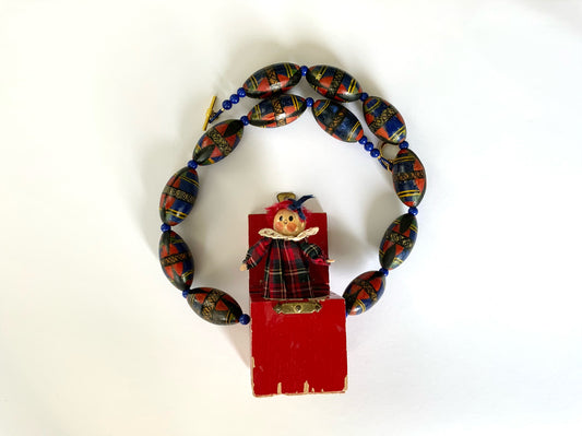 1940s Jack in the Box and Handpainted Vintage Wood Bead Necklace