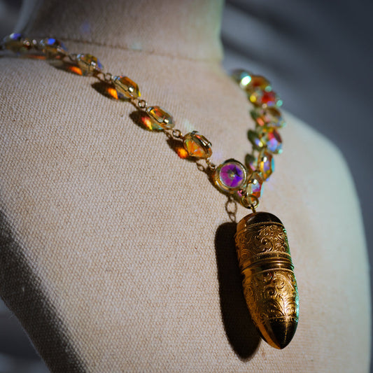 1950s Aurora Borealis Necklace with Vintage Sewing Bullet Needlecase Pendant | Hopetown & Hunter