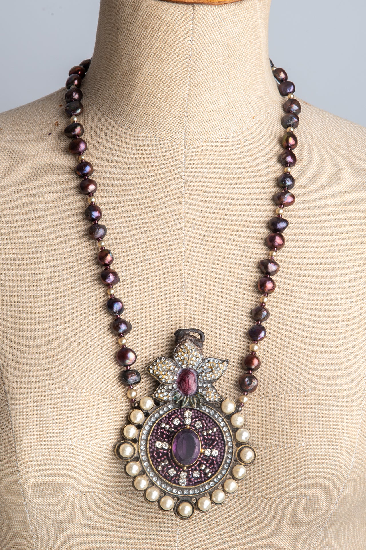 Amethyst and Pearl Pendant on Peacock Pearl Necklace | Hopetown & Hunter