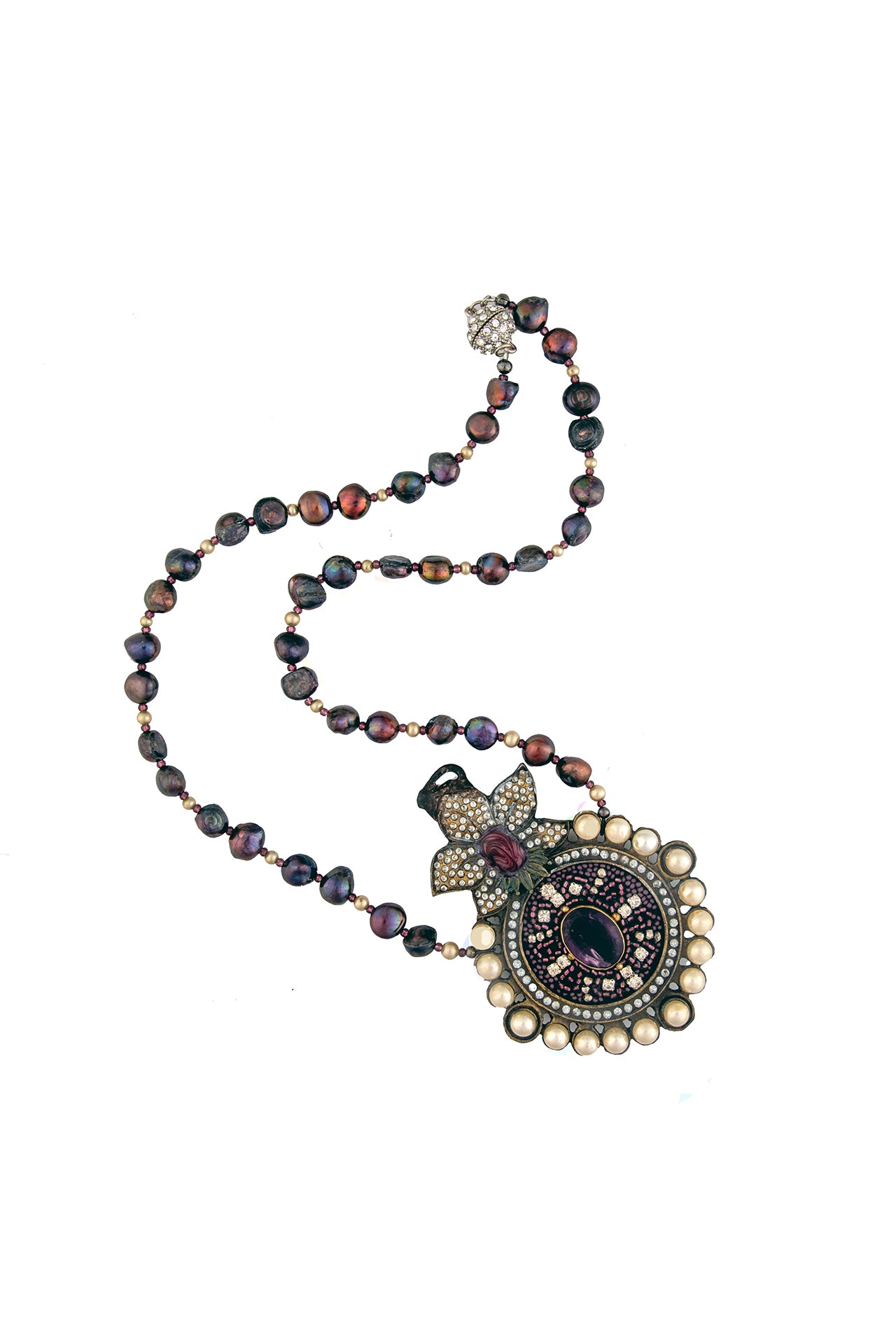 Amethyst and Pearl Pendant on Peacock Pearl Necklace | Hopeetown & Hunter