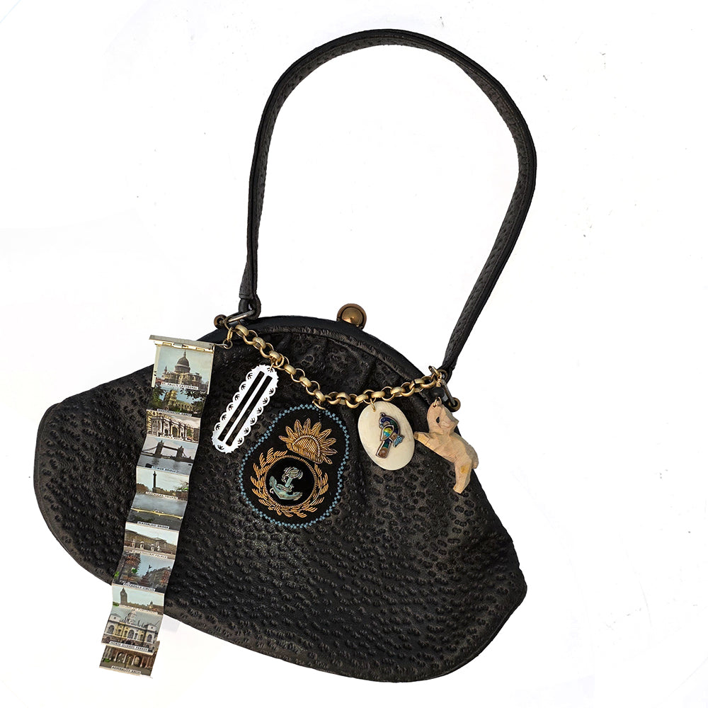 Vintage Black Handbag with Hand Made Charms