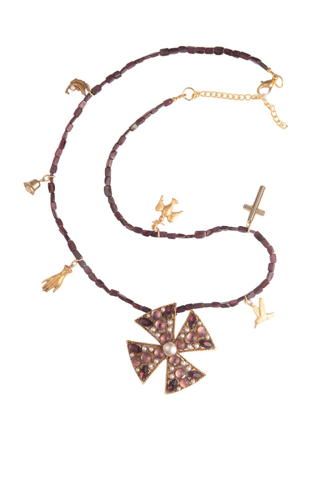 Bejewelled Cross And Vintage Charms On Garnet Necklace | Hopetown & Hunter