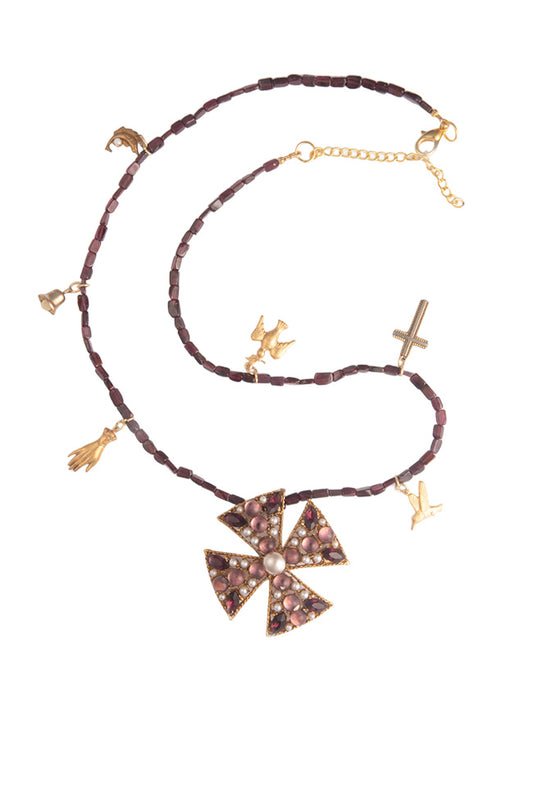 Bejewelled Cross And Vintage Charms On Garnet Necklace | Hopetown & Hunter