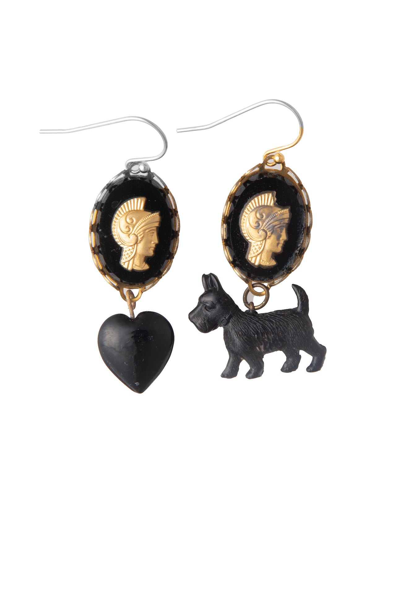 Black and Gold Cameo Earrings with Heart and Dog Charms | Hopetown & Hunter