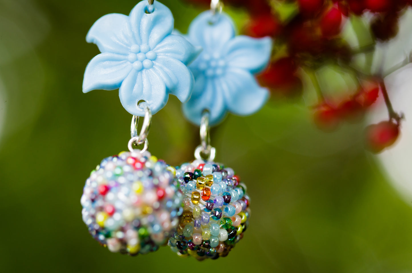 Blue Plastic Flower and Multicolour Handbeaded Ball Earrings