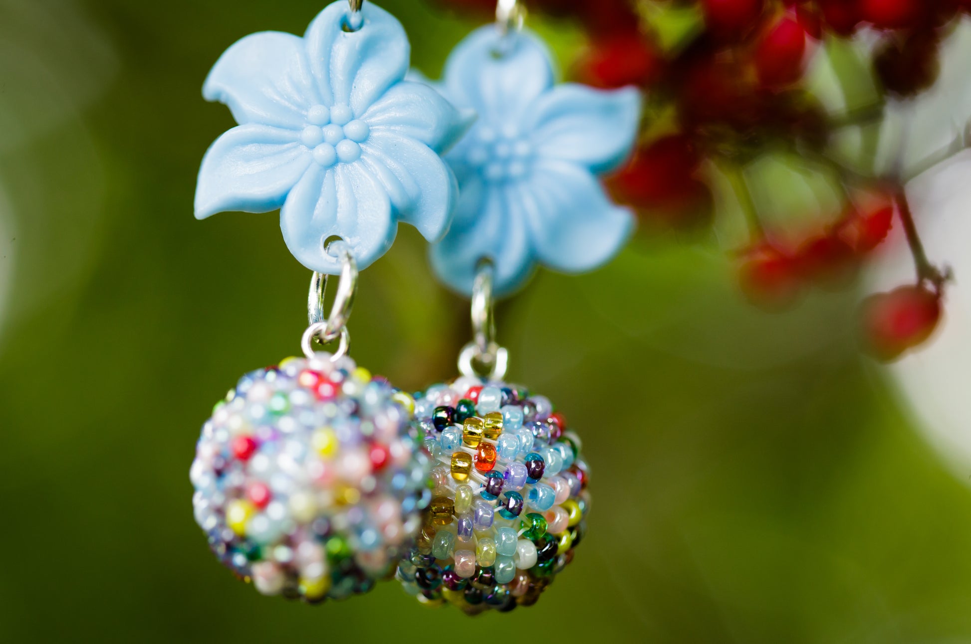 Blue Plastic Flower and Multicolour Handbeaded Ball Earrings