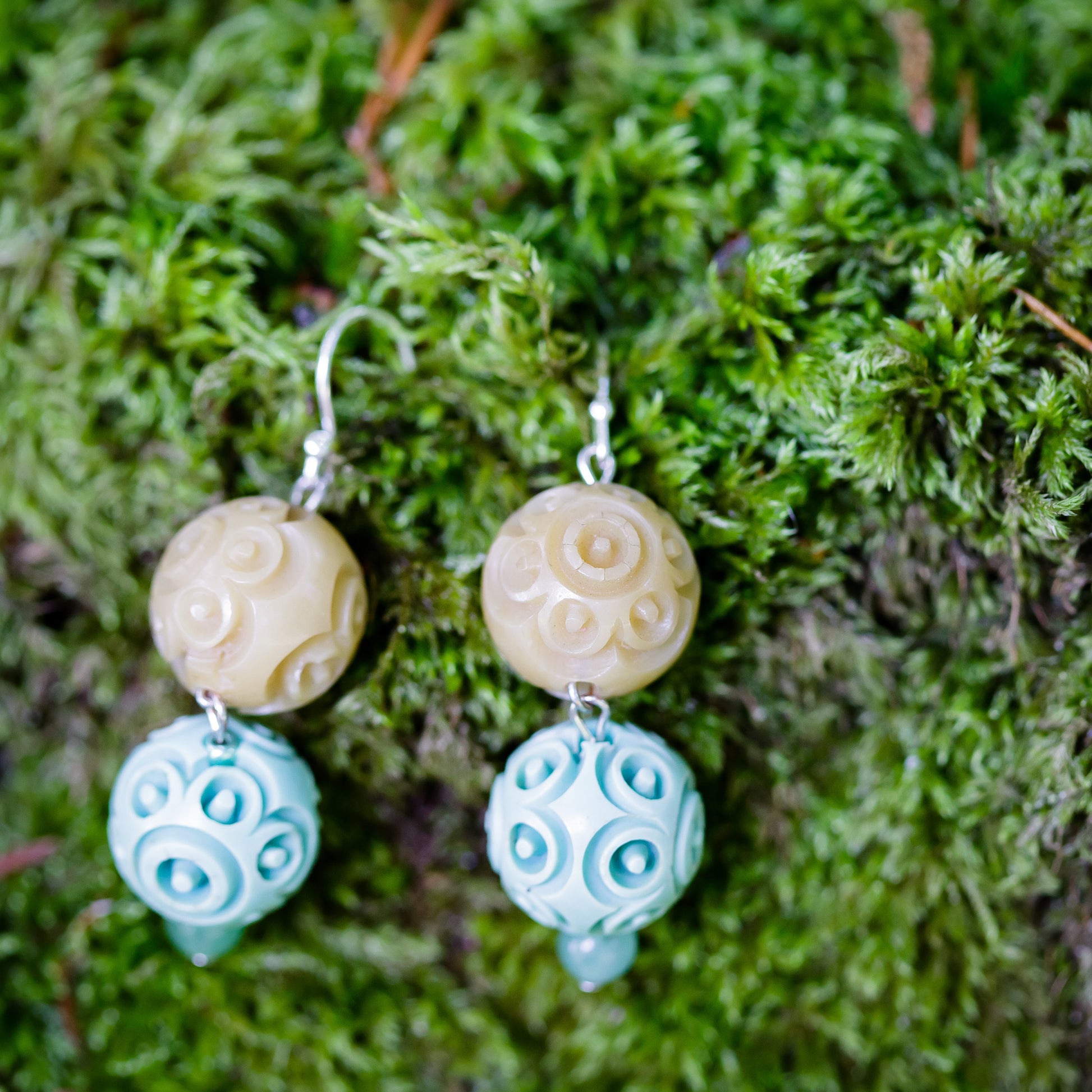 Carved Green Bakelite Ball Earrings | Hopetown & Hunter