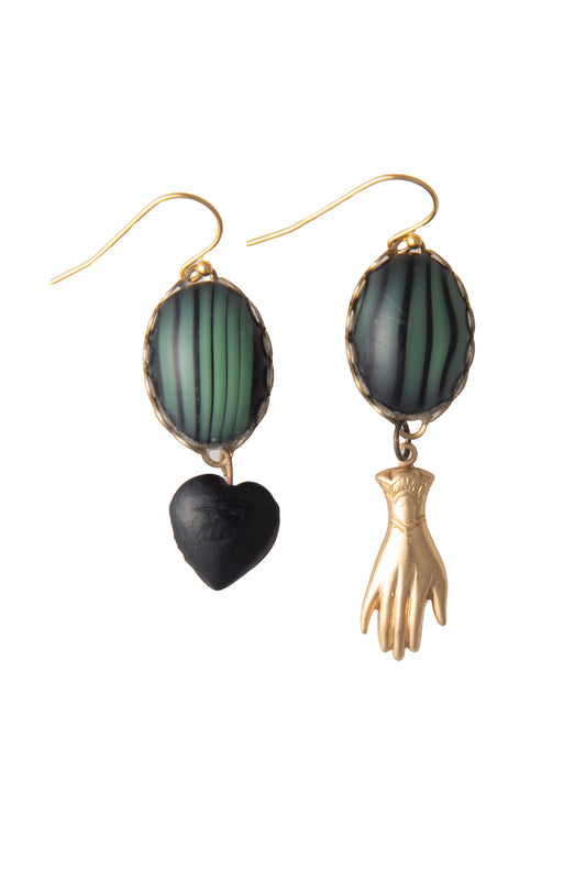 Green and Black Drop Earrings with Heart and Hand Charms