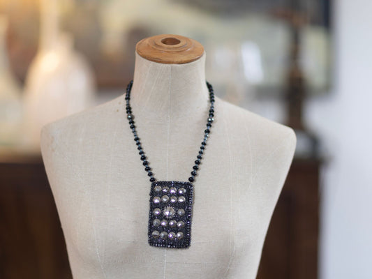Decorative Early-Mid 20th Century Black and Silver Beaded Panel Necklace | Hopetown & Hunter