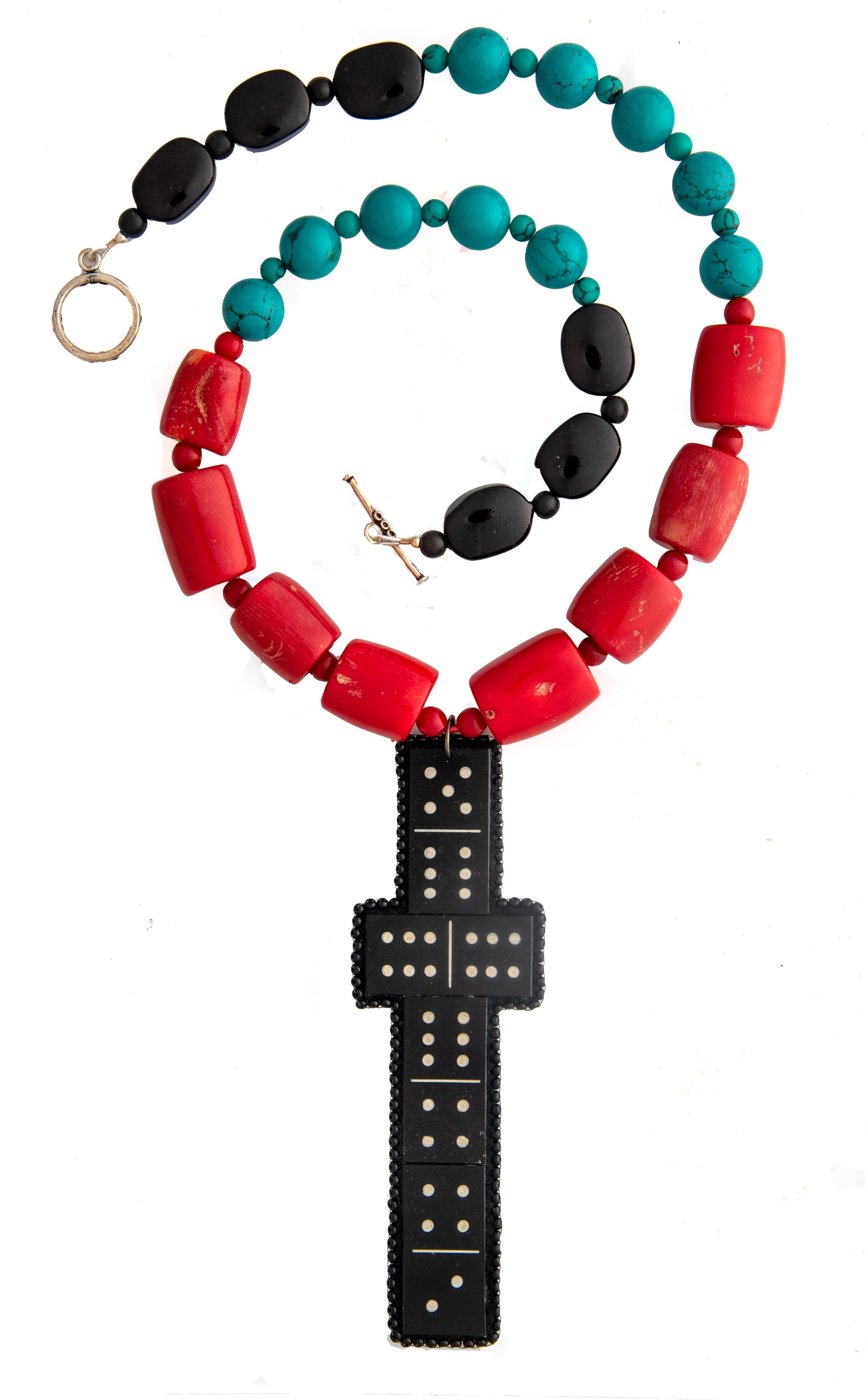 Domino Cross on Red and Turquoise Necklace