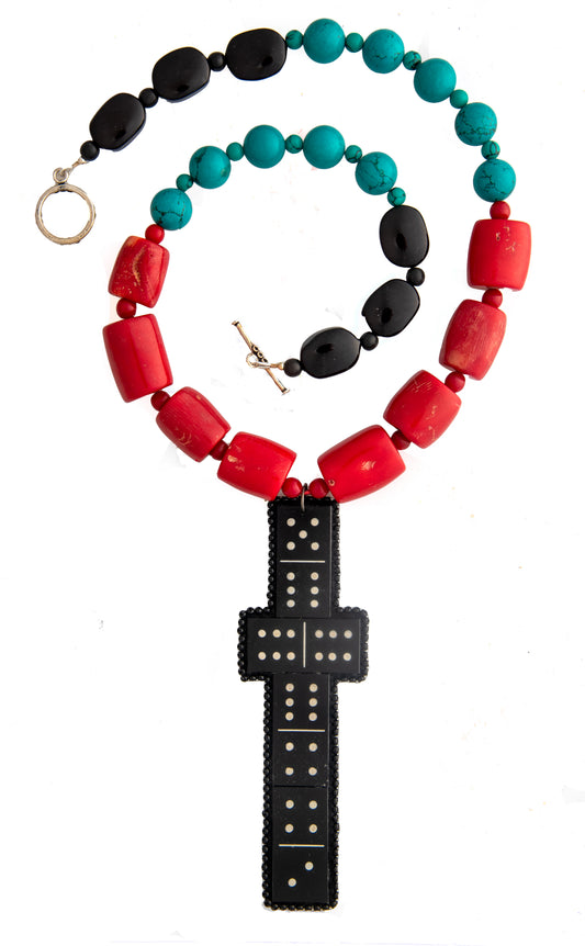Domino Cross on Red and Turquoise Necklace