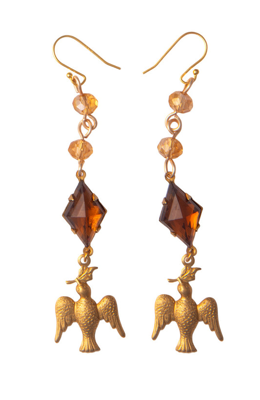 Drop Earrings With Birds And Brown Glass Lozenges | Hopetown & Hunter