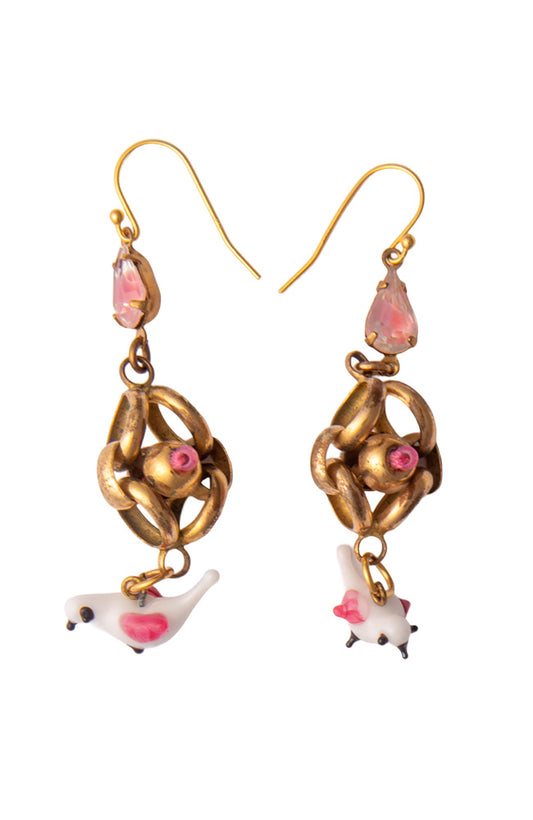 Drop Earrings With Vintage White Birds and Pink Stones | Hopetown & Hunter