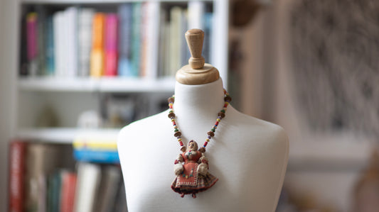 Fabric Folk Art Doll on Colourful Wood Necklace